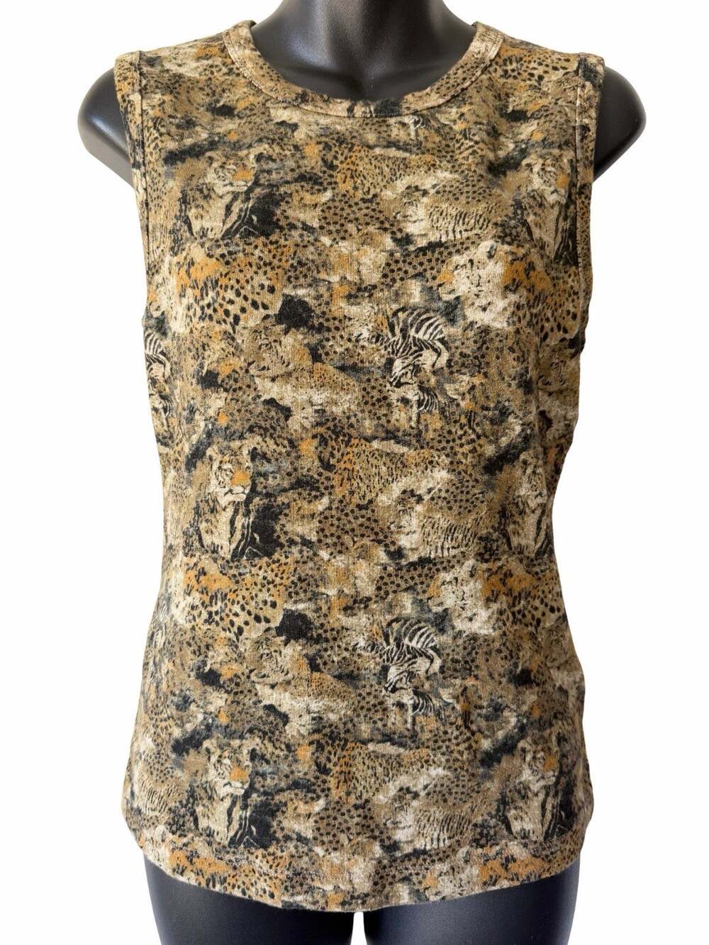 Free People Atlas Animal Printed Knit Tank Top Womens Medium Green Brown Jungle